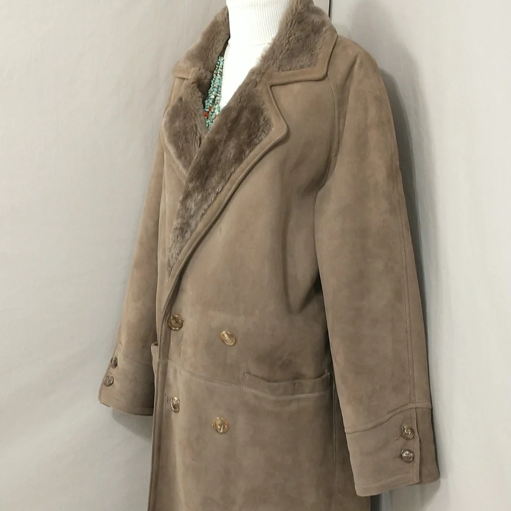 Vintage Shearling Coat USA Made Sawyer Napa Taupe Maxi Oversized Warm SeeMeasure - Picture 4 of 16
